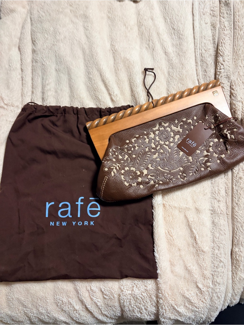 Rafe New York Brown Leather Floral Cutout Clutch with Wooden Frame
